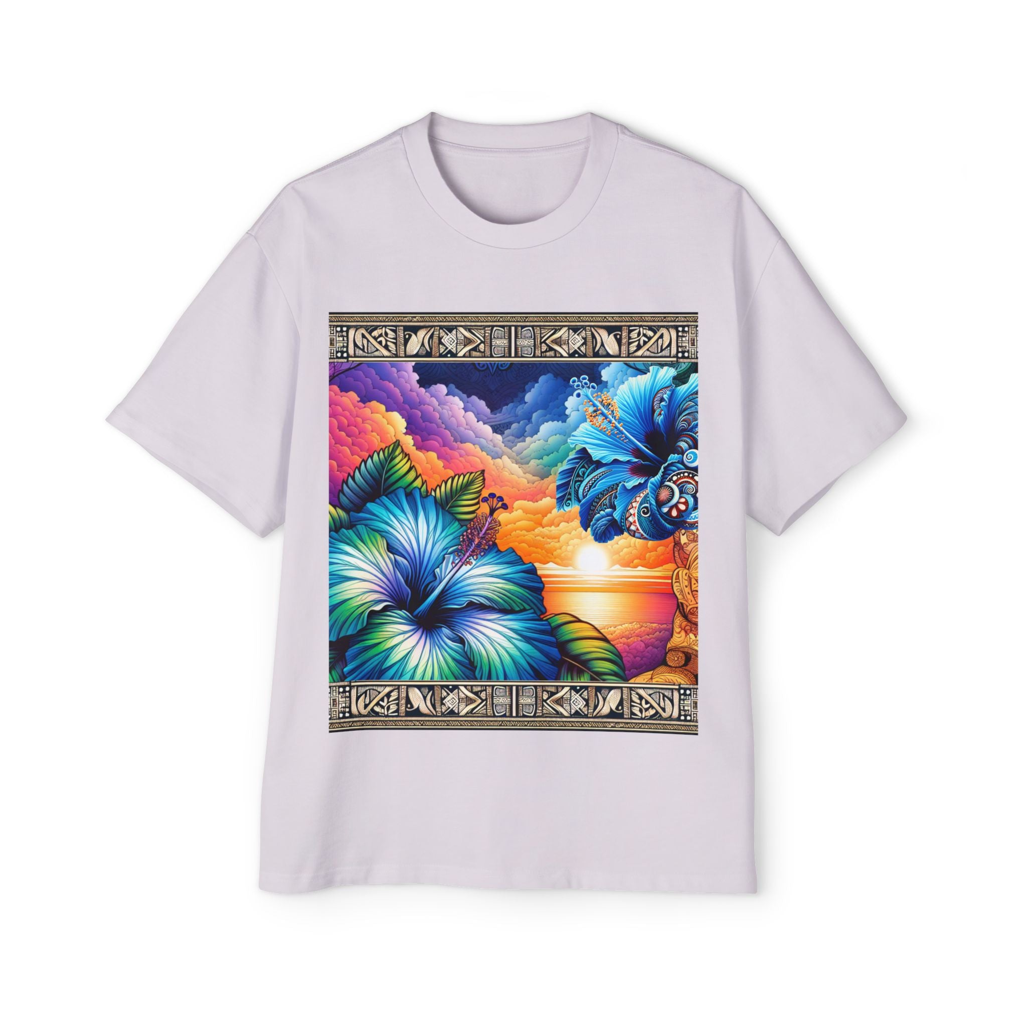 Tropical Blue Hibiscus Sunset Oversized Tee – Vibrant Floral Design
