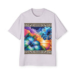 Tropical Blue Hibiscus Sunset Oversized Tee – Vibrant Floral Design