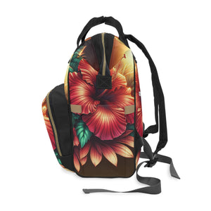 Multifunctional Red Hibis Diaper Backpack | Stylish Baby Bag, Mom Tote, Travel Backpack, Baby Shower Gift, Everyday Use
