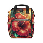 Multifunctional Red Hibis Diaper Backpack | Stylish Baby Bag, Mom Tote, Travel Backpack, Baby Shower Gift, Everyday Use