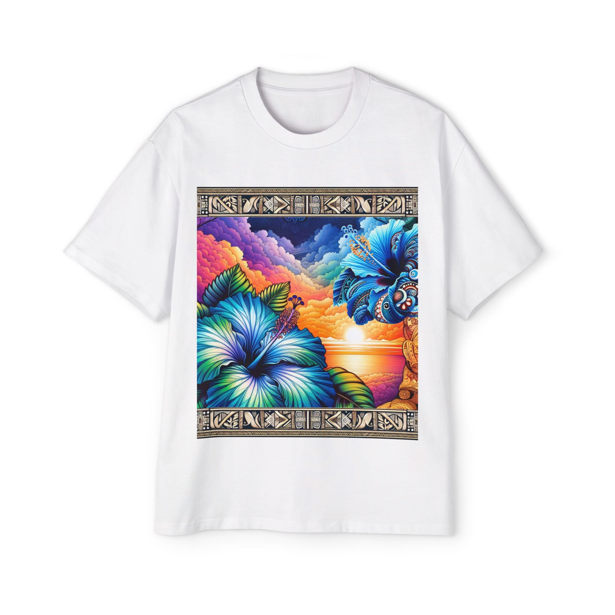 Tropical Blue Hibiscus Sunset Oversized Tee – Vibrant Floral Design