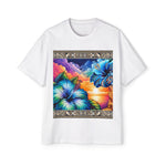 Tropical Blue Hibiscus Sunset Oversized Tee – Vibrant Floral Design