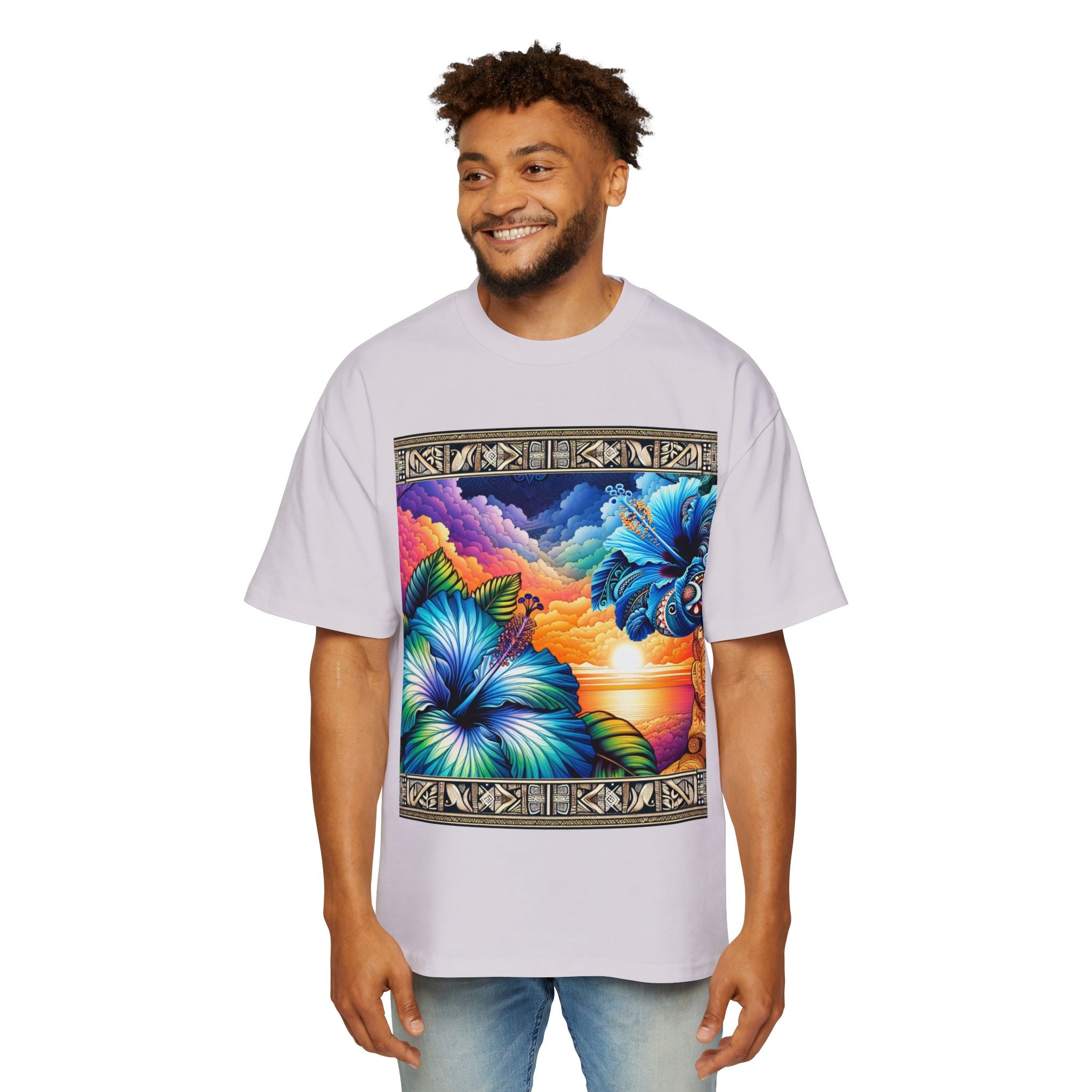 Tropical Blue Hibiscus Sunset Oversized Tee – Vibrant Floral Design