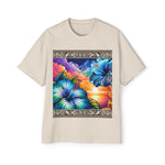 Tropical Blue Hibiscus Sunset Oversized Tee – Vibrant Floral Design